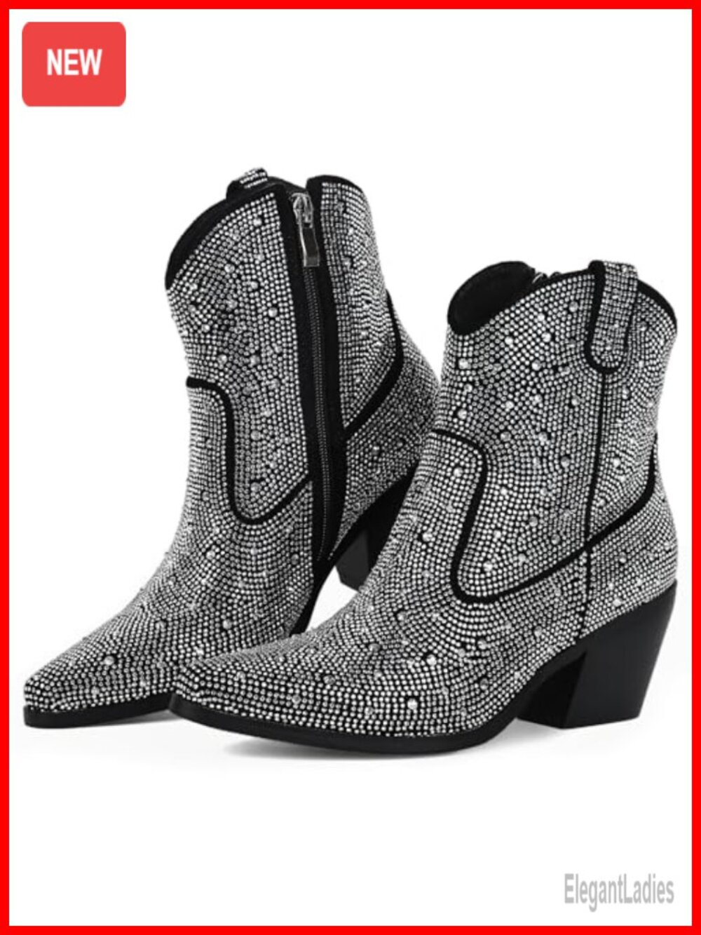 FIFSY Women Rhinestone Cowboy Boots Glitter Chunky Heel Pointed Toe Ankle